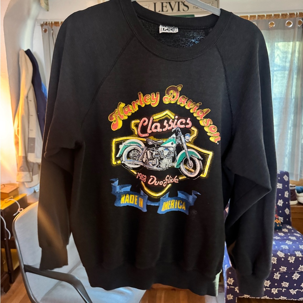 Harley-Davidson Black Crewneck Sweater with Colorful Graphics